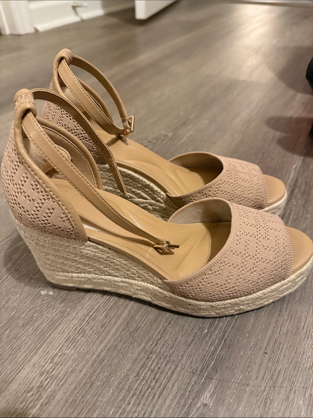 Neutral Knit Espadrille Wedge Sandals - Beige Open Toe